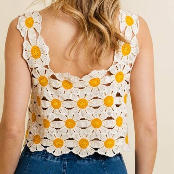 Cute Boho Daisy Crochet Crop Camisole Overlay Top White Yellow - Picture 2 of 3